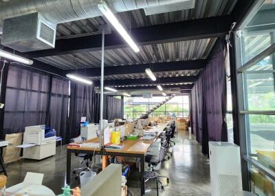 Spacious open-plan office space with industrial design aesthetic