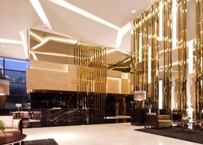 Luxurious hotel lobby with elegant lighting and decor