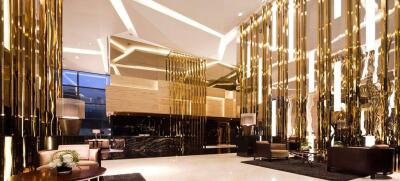 Luxurious hotel lobby with elegant lighting and decor