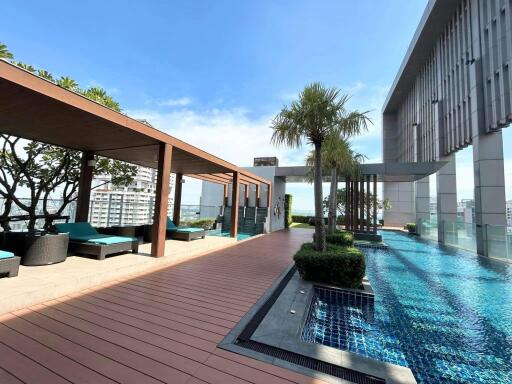 Modern rooftop pool with city view and lounge area