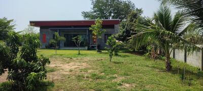 Exterior view of a modern house with a garden