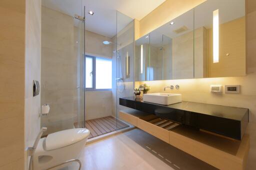 Modern bathroom interior with glass shower and double vanity