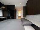 Modern bedroom interior with minimalistic design and soft lighting