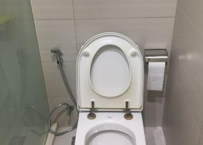 Clean white bathroom toilet with wall tiles