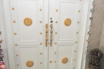 Elegant white double doors with decorative brass hardware