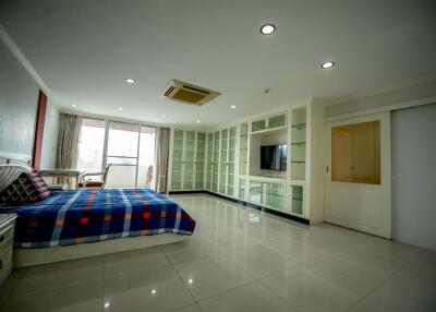 Spacious bedroom with a large bed, built-in wardrobes, and modern lighting