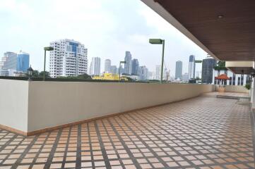 Spacious balcony with city skyline view