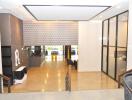 Modern lobby interior with glossy tile flooring and front desk