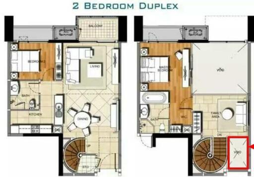 Architectural diagram of a 2 bedroom duplex with designated areas