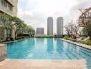 Outdoor residential swimming pool with cityscape view