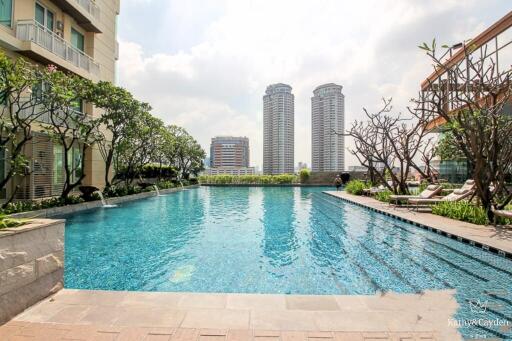 Outdoor residential swimming pool with cityscape view