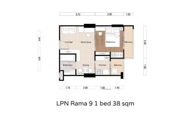 Floor plan of a one-bedroom apartment with measured layout