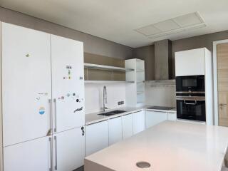 Modern kitchen with white cabinetry and built-in appliances