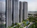 Exterior view of modern high-rise apartment buildings with lush greenery