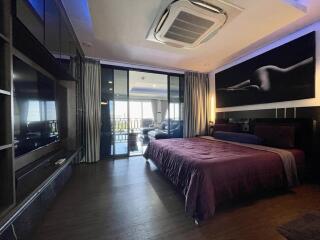 Spacious modern bedroom with a large bed and a spectacular view