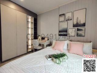 Cozy bedroom with modern decor and large wardrobe