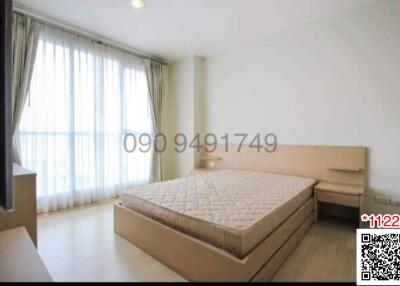 Bright bedroom with large windows and a double bed