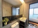 Modern bathroom interior with stone wall finish