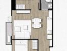 Floor plan of a 2-bedroom apartment with dimensions