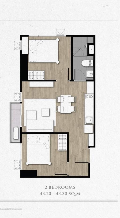 Floor plan of a 2-bedroom apartment with dimensions