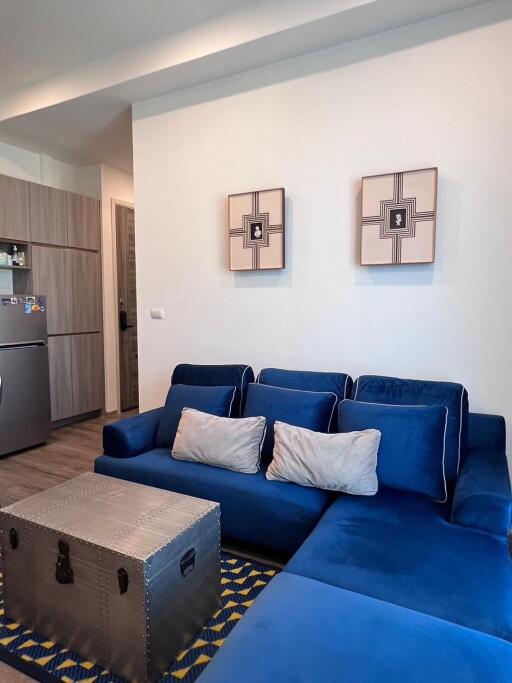 Cozy living room with modern blue sofa and decorative artwork