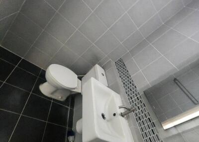 Modern bathroom with white fixtures and gray tiles