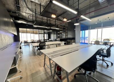 Spacious open-plan office with modern design and ample natural light
