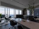 Modern high-rise apartment interior with floor-to-ceiling windows and city view