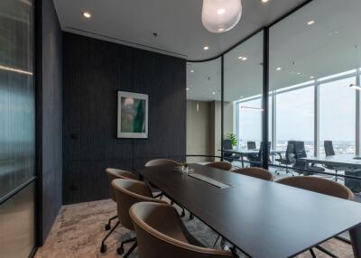 Spacious modern office boardroom with large windows and city view