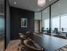 Spacious modern office boardroom with large windows and city view