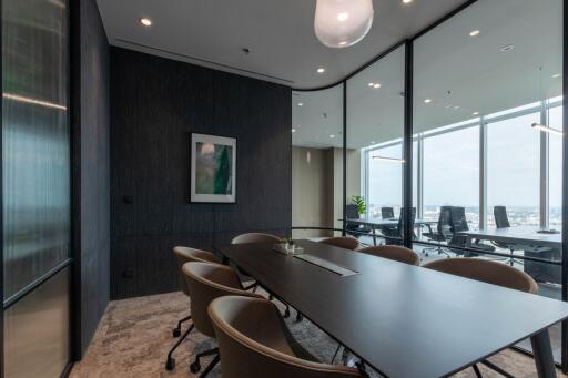 Spacious modern office boardroom with large windows and city view