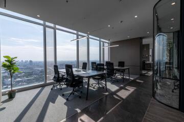 Modern office space with large windows and city view