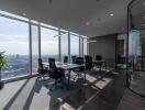 Modern office space with large windows and city view