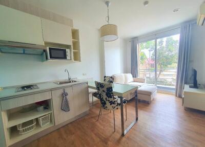 Spacious combined kitchen and living area with modern furnishings and natural light