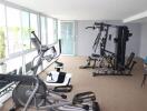 Home gym with various exercise equipment and large windows