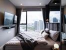 Modern bedroom with city view