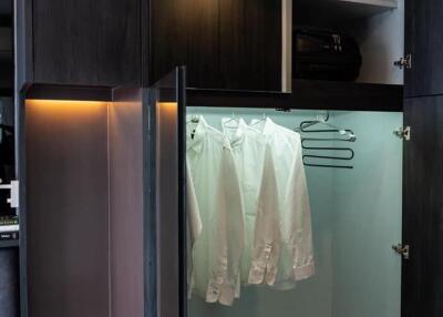 Modern dark-toned bedroom wardrobe with built-in lighting design