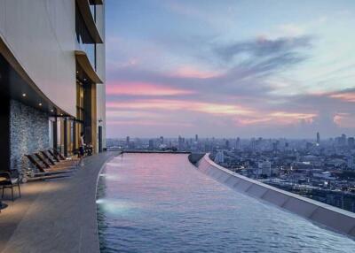 Modern rooftop pool overlooking the city skyline at dusk