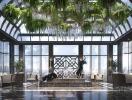 Luxurious high-rise building atrium with floor-to-ceiling windows and city view