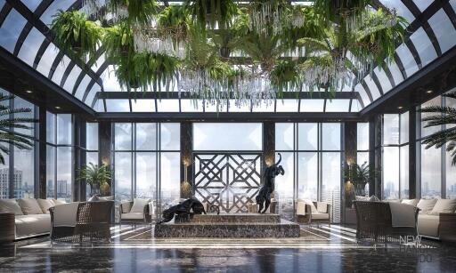 Luxurious high-rise building atrium with floor-to-ceiling windows and city view