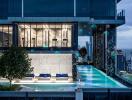 Luxurious high-rise building with rooftop pool and city skyline view