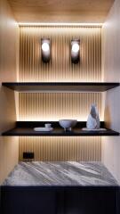 Modern kitchen interior with LED lighting and elegant shelving
