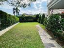 Spacious backyard with green lawn and pathway