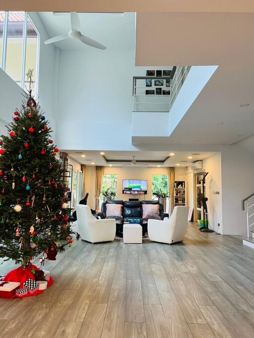 Spacious living room with high ceiling and Christmas tree decoration
