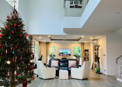 Spacious living room with high ceiling and Christmas tree decoration