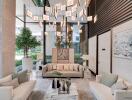 Elegant hotel lobby with modern lighting, comfortable seating, and artistic decor