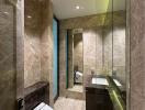 Modern bathroom with natural toned tiles and sleek fixtures