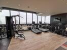 Modern gym with exercise equipment and city view