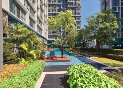 Communal swimming pool with lounging area in a modern residential complex