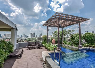 Luxurious rooftop terrace with swimming pool, lounge area, and city skyline view